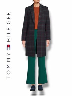 TOMMY HILFIGER Women’s Plaid Longline Topper Coat in the Size Large in Midnight
